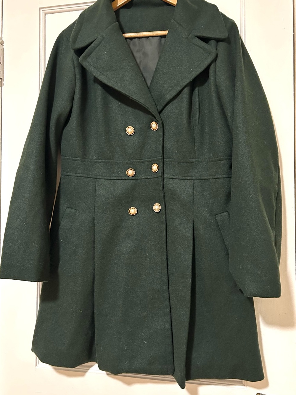 Source Unknown Dark Green Double-Breasted Pea Coat with Gold Buttons
